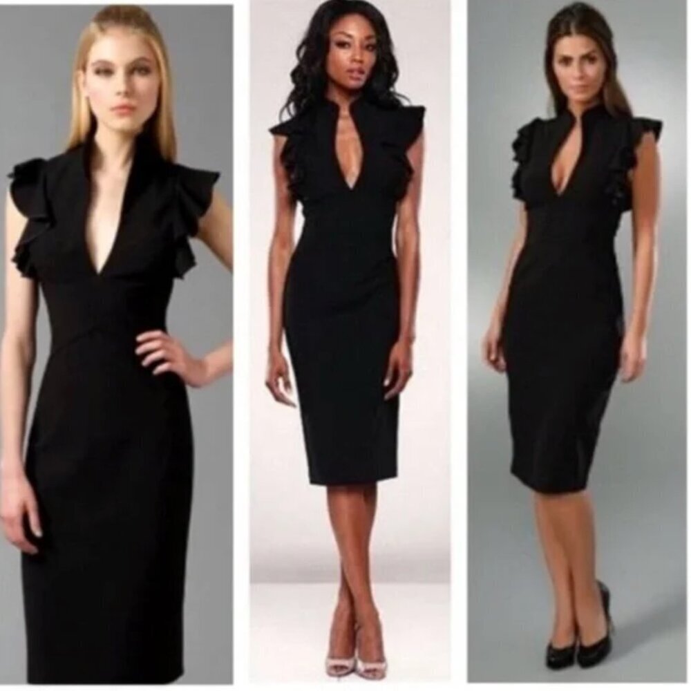 Black Halo Black Dress Eva Ruffle Plunge Keyhole Dress Size 0